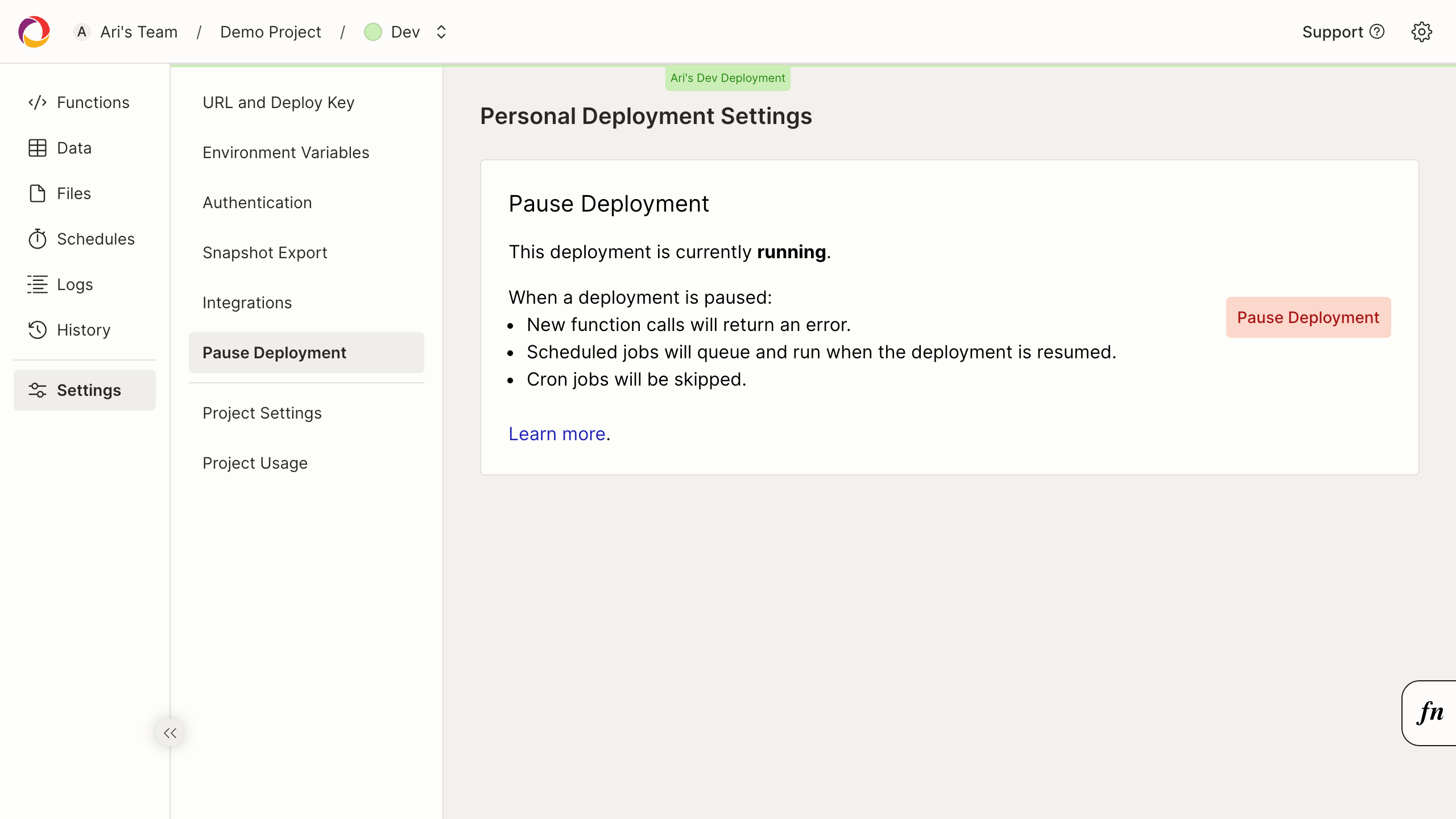 deployment settings pause deployment page