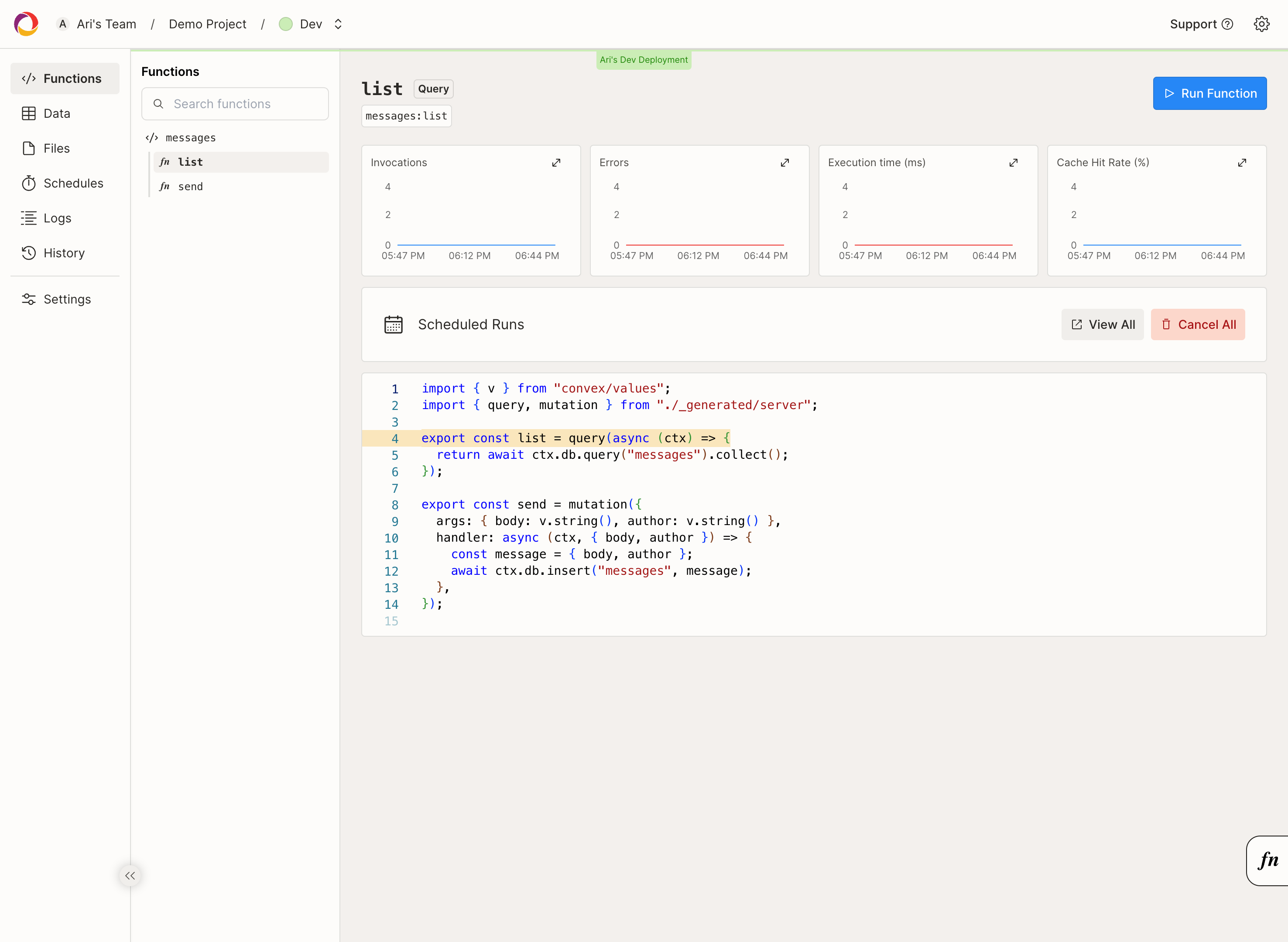 Functions Dashboard View