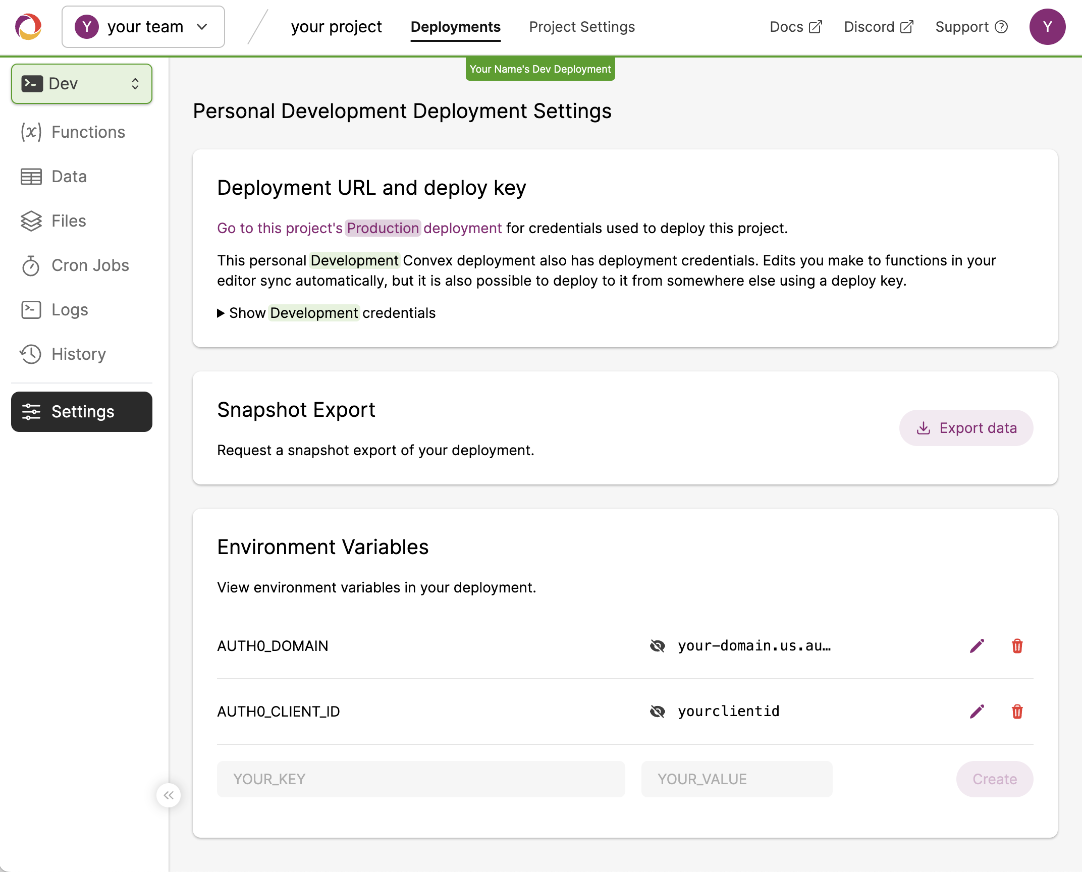Convex dashboard dev deployment settings